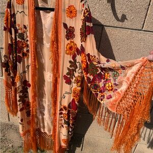 Vintage Multicolor Floral Cape with Fringe